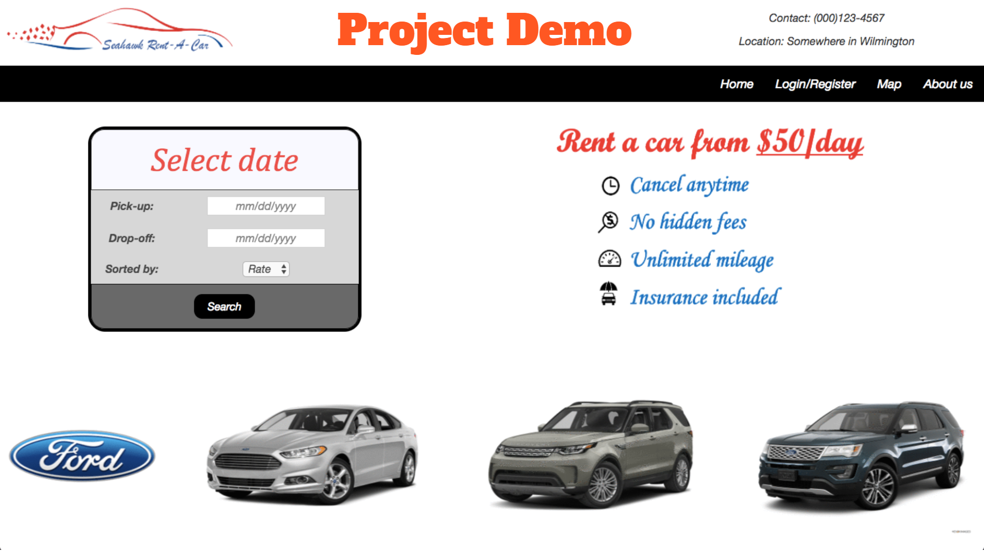 The homepage page of the project with a login and cars displayed